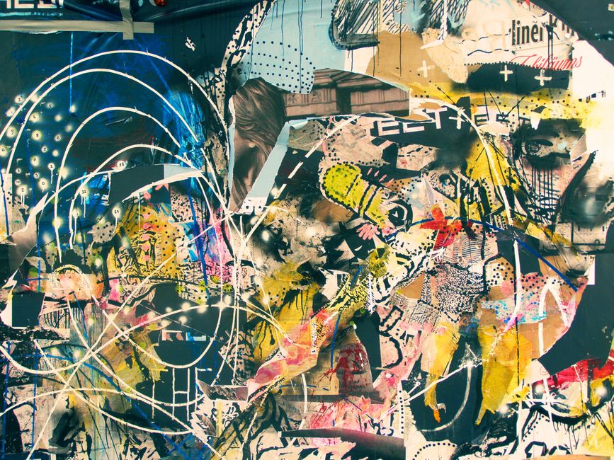 Dynamic collage featuring colorful graffiti and mixed media elements on an urban wall.
